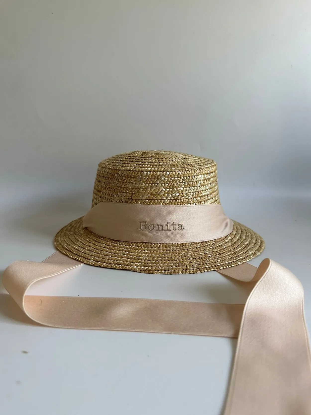 Bonita's Personalised Child Boater - Tie-up Cream Ribbon