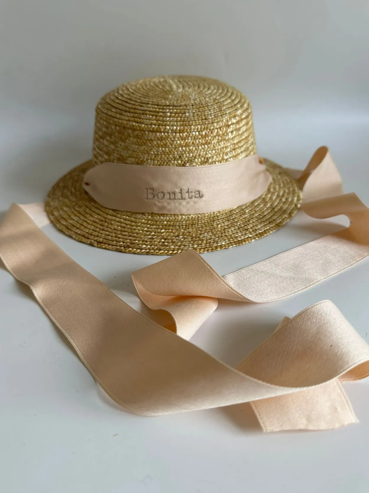 Bonita's Personalised Child Boater - Tie-up Cream Ribbon