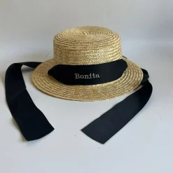Bonita's Personalised Child Boater - Tie-up Black Ribbon