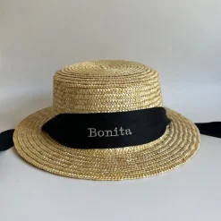 Bonita's Personalised Child Boater - Tie-up Black Ribbon