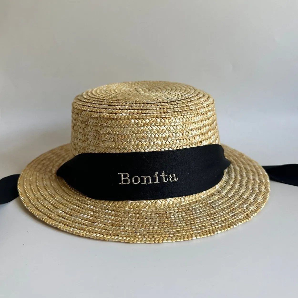 Bonita's Personalised Child Boater - Tie-up Black Ribbon