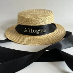 Bonita's Personalised Child Boater - Tie-up Black Ribbon