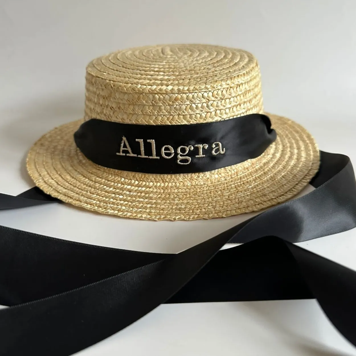 Bonita's Personalised Child Boater - Tie-up Black Ribbon