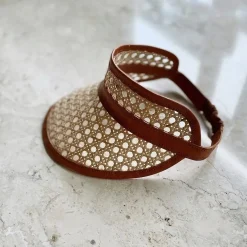 Child Leather & Rattan Beach Visor - Tan
