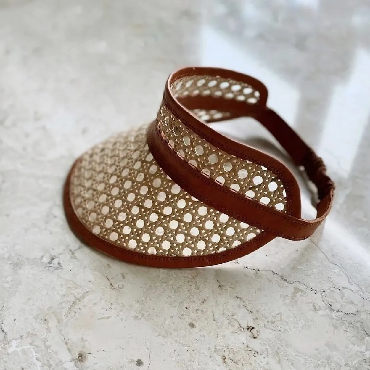 Child Leather & Rattan Beach Visor - Tan