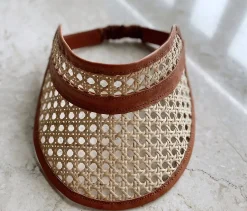 Child Leather & Rattan Beach Visor - Tan