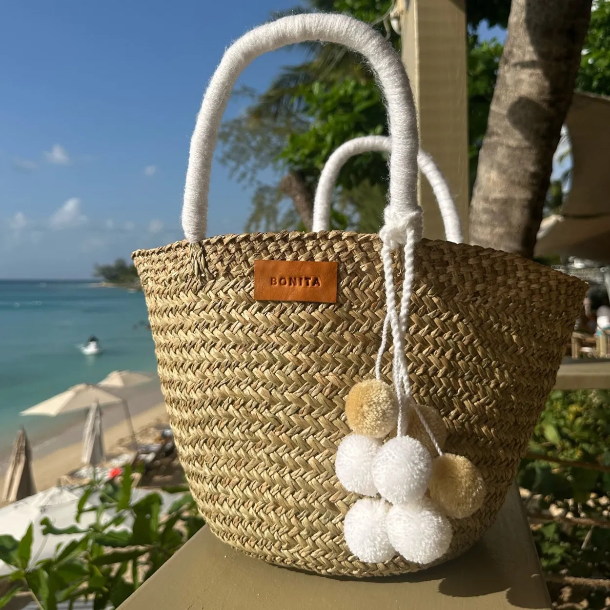 The Bali White Pom Pom Basket