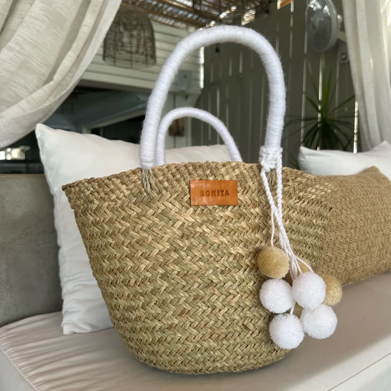 The Bali White Pom Pom Basket