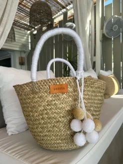 The Bali White Pom Pom Basket
