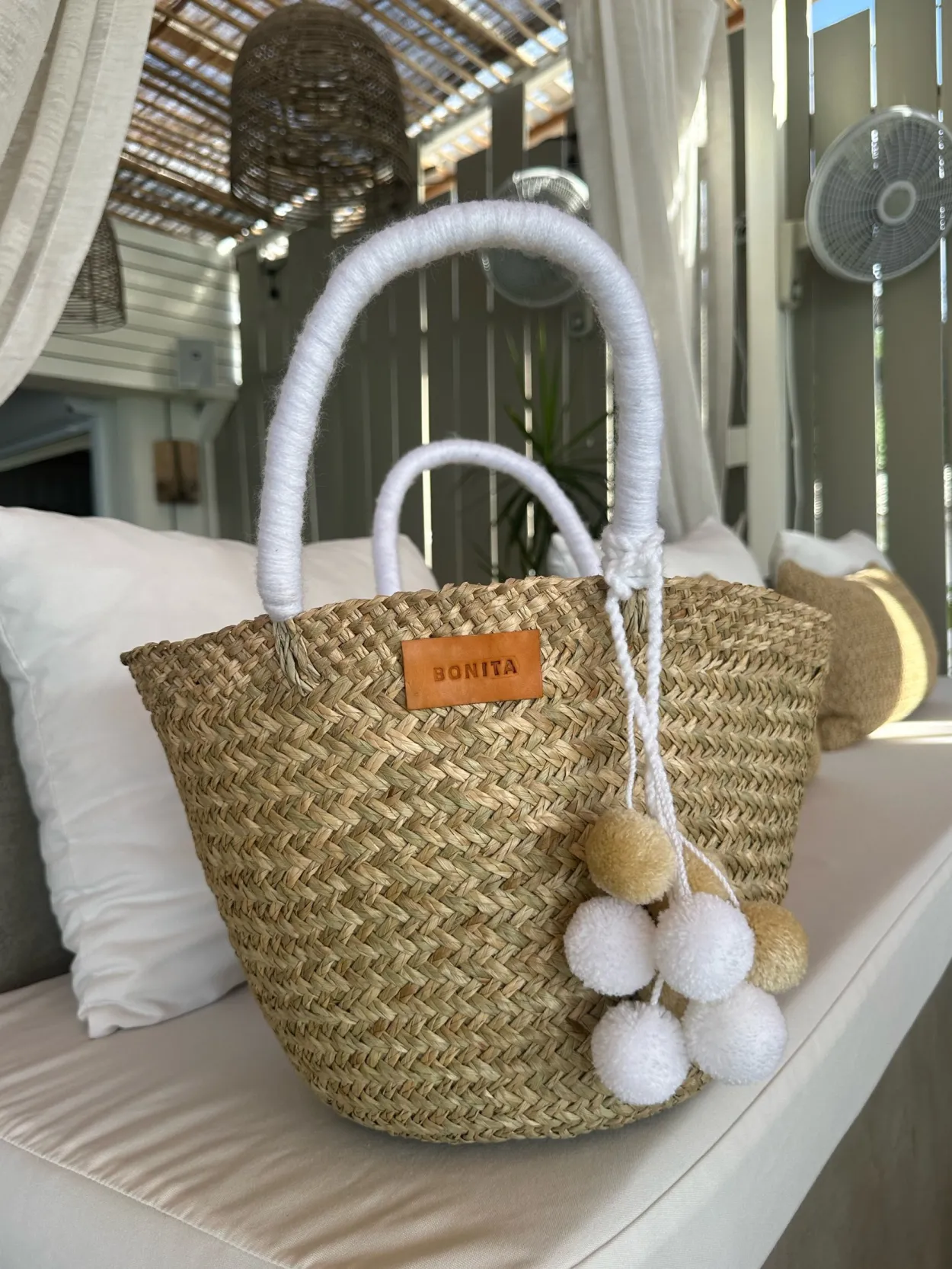 The Bali White Pom Pom Basket