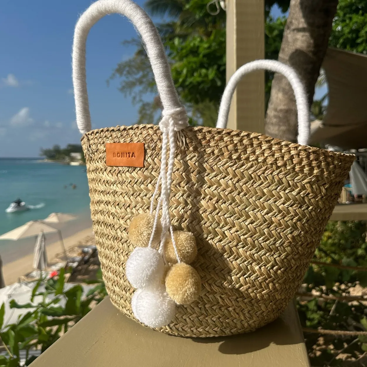 The Bali White Pom Pom Basket