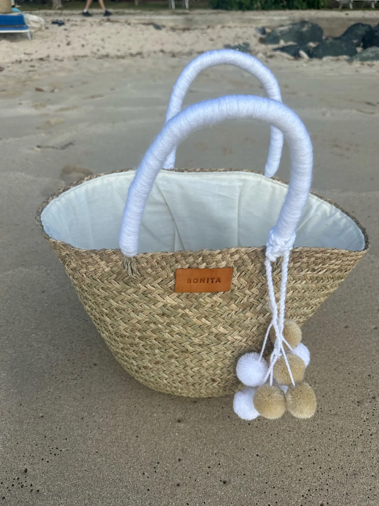The Bali White Pom Pom Basket