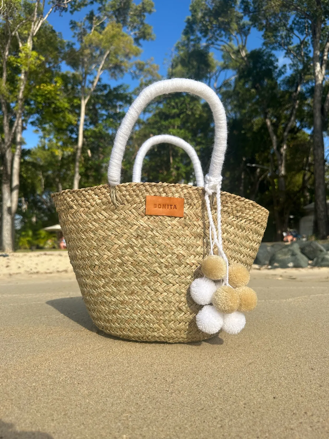 The Bali White Pom Pom Basket