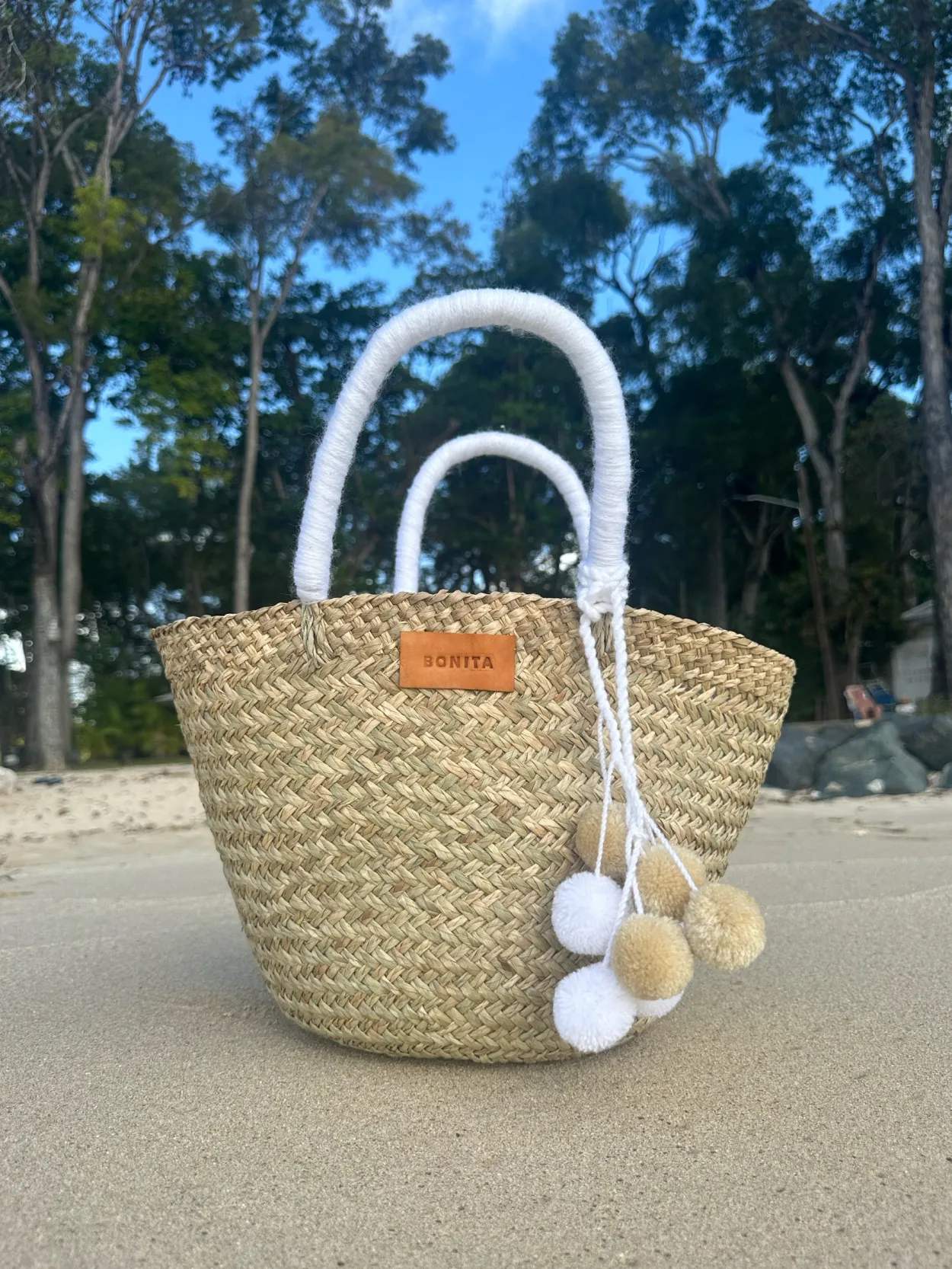 The Bali White Pom Pom Basket